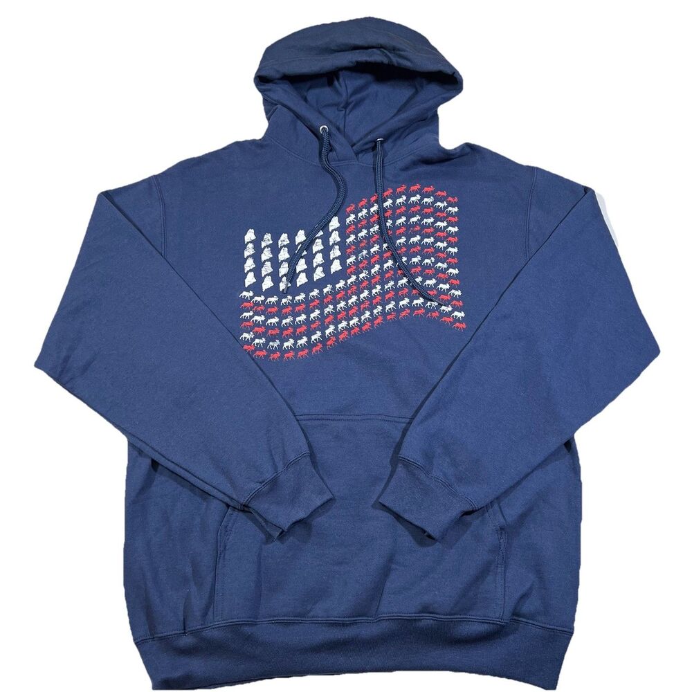 Port and Company Core Fleece Maine American Flag Moose Hoodie USA Size Large